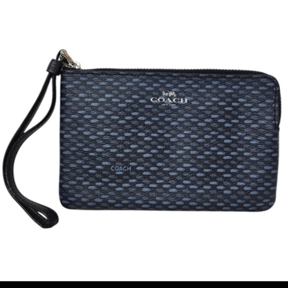 Coach Corner Zip Wristlet in Navy Blue Legacy Print - Picture 1 of 10
